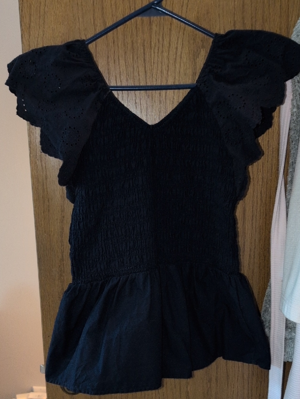 Time and Tru Navy Blue Smocked Peplum Top with Flutter Sleeves